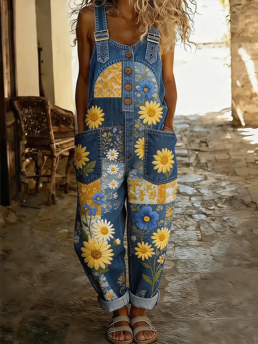 Women's Retro Style Art Print Washed Cotton Denim Patchwork Jumpsuit
